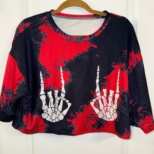Red and Black Tie-Dye Skeleton Hand Crop Top (estimated sz large)